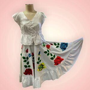 Handmade upcycled White Full Circle Skirt Hand Painted Rose Appliqués, One Size